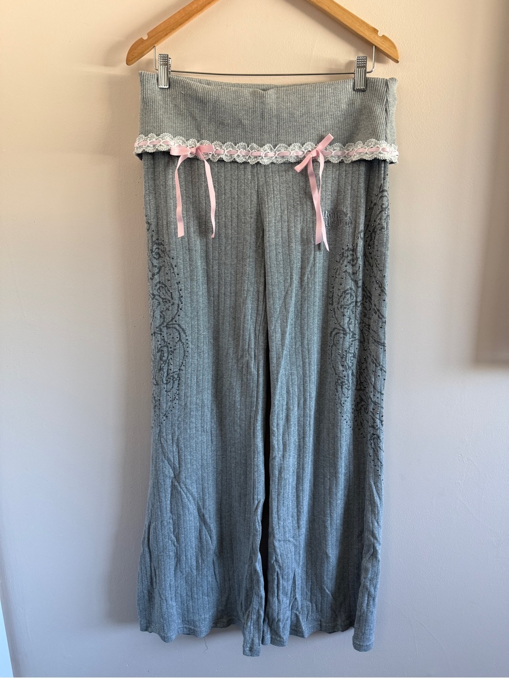 Gray Ribbed Straight-Leg Lounge Pants with Pink Bow Trim